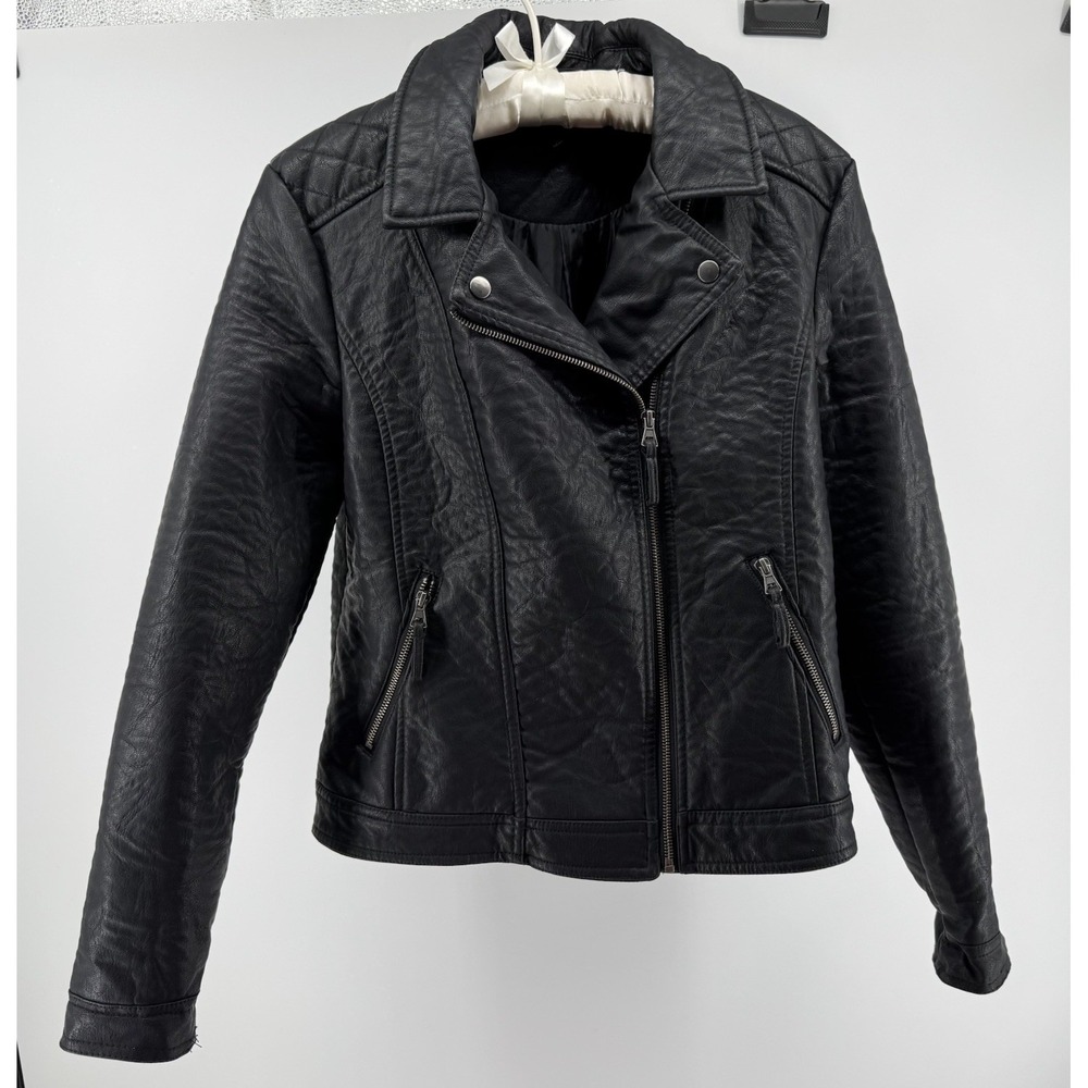 New Look Moto Jacket Faux Leather Black Biker Zip Womens L Edgy Y2K Streetwear